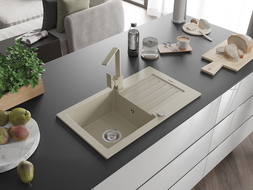 Mexen Pablo 1-compartment granite sink with a drip tray and kitchen mixer tap Rita, Beige - 6510-69-670300-69