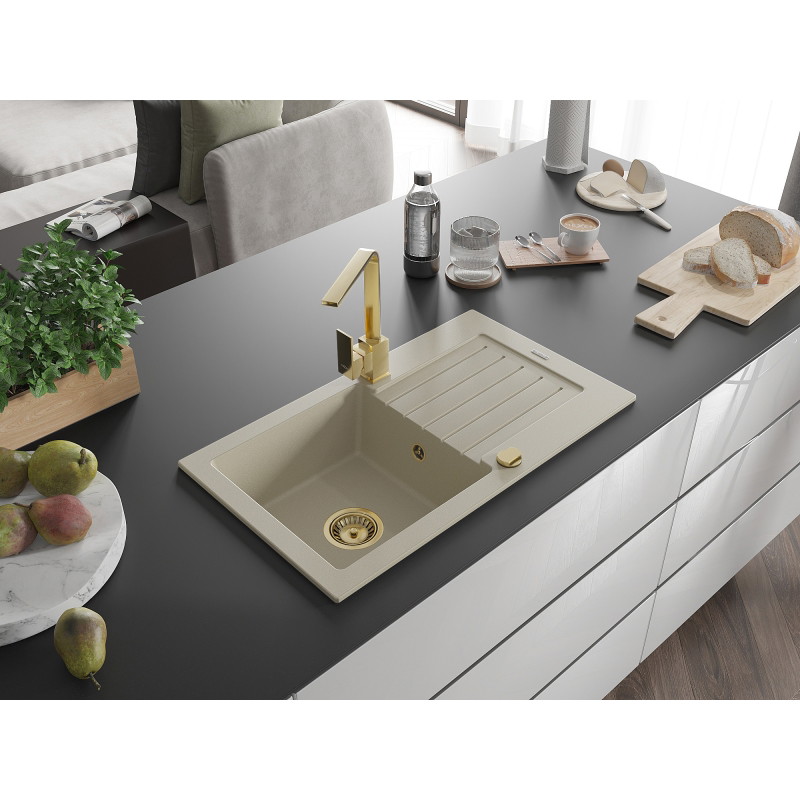Mexen Pablo granite sink 1-bowl with drainer and kitchen faucet Rita, beige - 6510-69-670300-50