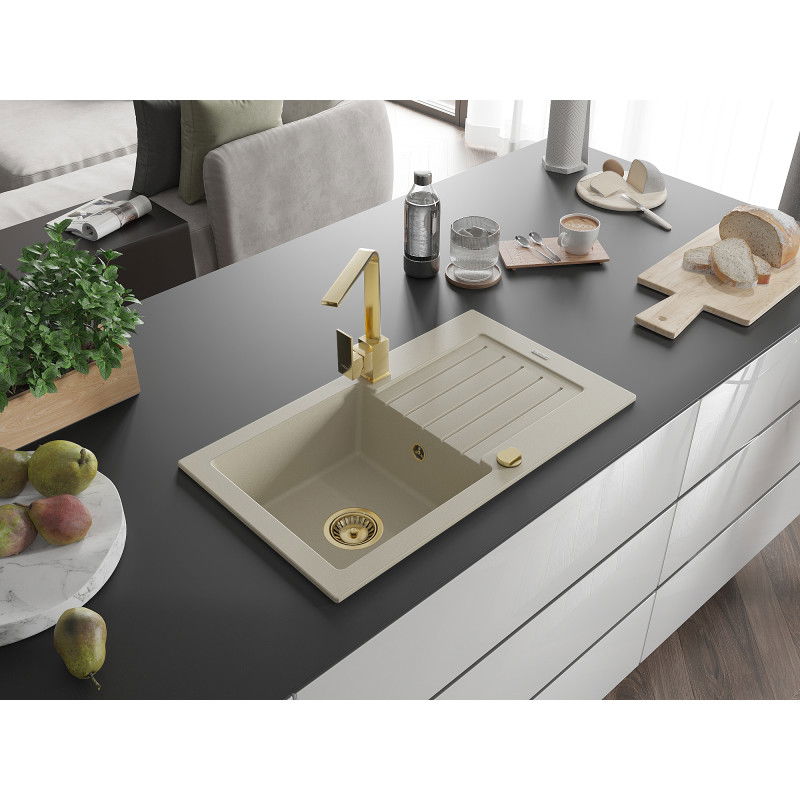 Mexen Pablo granite sink 1-bowl with drainer and Rita kitchen tap, beige - 6510-69-670300-50