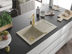 Mexen Pablo 1-compartment granite sink with a drip tray and kitchen mixer tap Rita, Beige - 6510-69-670300-50