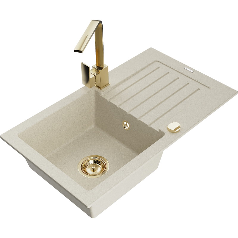 Mexen Pablo granite sink 1-bowl with drainer and kitchen faucet Rita, beige - 6510-69-670300-50