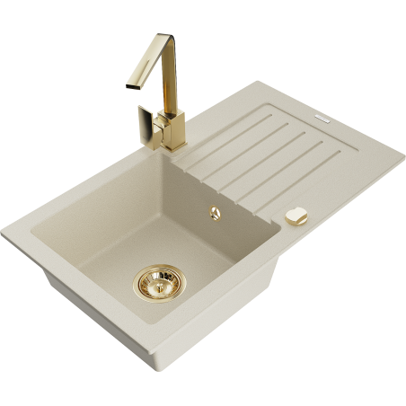 Mexen Pablo 1-compartment granite sink with a drip tray and kitchen mixer tap Rita, Beige - 6510-69-670300-50