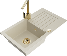 Mexen Pablo 1-compartment granite sink with a drip tray and kitchen mixer tap Rita, Beige - 6510-69-670300-50