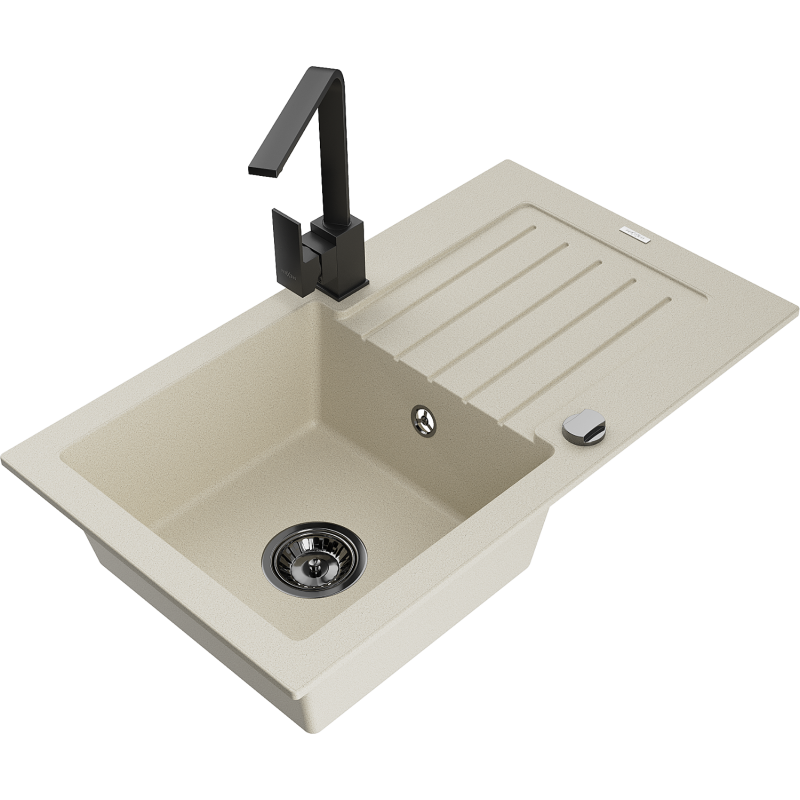 Mexen Pablo 1-compartment granite sink with a drip tray and kitchen mixer tap Rita, Beige - 6510-69-670300-70