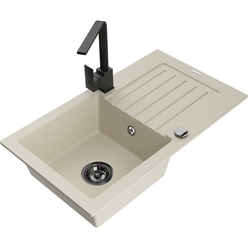 Mexen Pablo granite kitchen sink with a single bowl and drainer with Rita kitchen faucet, beige - 6510-69-670300-70