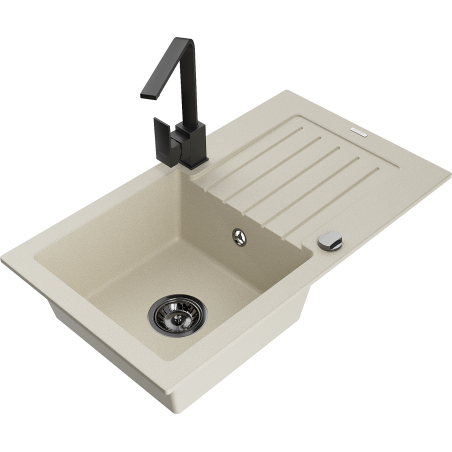 Mexen Pablo granite kitchen sink with a single bowl and drainer with Rita kitchen faucet, beige - 6510-69-670300-70