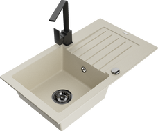 Mexen Pablo 1-compartment granite sink with a drip tray and kitchen mixer tap Rita, Beige - 6510-69-670300-70