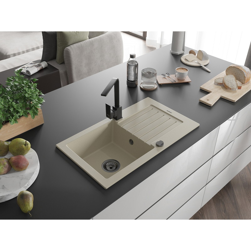 Mexen Pablo granite kitchen sink 1-bowl with drainer and kitchen faucet Rita, beige - 6510-69-670300-70