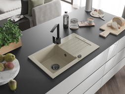 Mexen Pablo 1-compartment granite sink with a drip tray and kitchen mixer tap Rita, Beige - 6510-69-670300-70