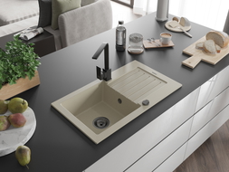 Mexen Pablo granite kitchen sink with a single bowl and drainer with Rita kitchen faucet, beige - 6510-69-670300-70