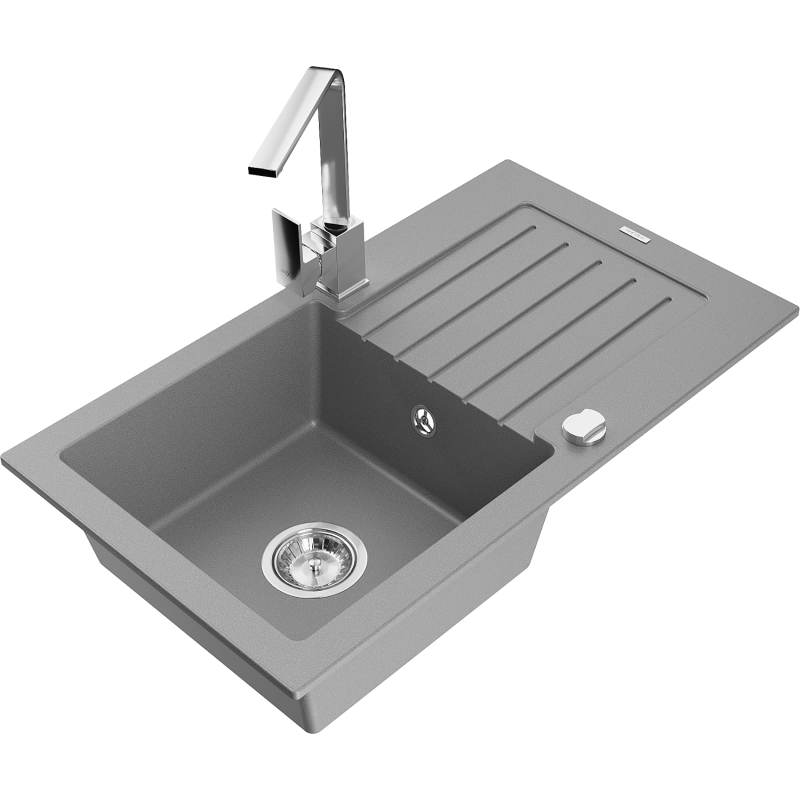 Mexen Pablo 1-compartment granite sink with a drip tray and kitchen mixer tap Rita, Grey - 6510-71-670300-00
