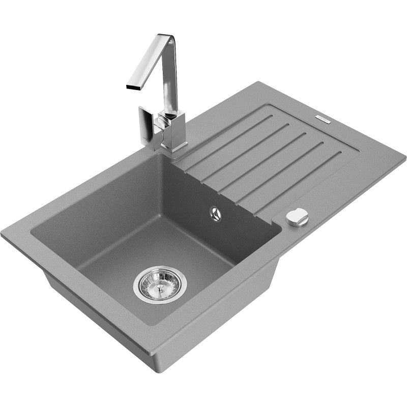 Mexen Pablo granite kitchen sink 1-bowl with drainer and kitchen faucet Rita, gray - 6510-71-670300-00