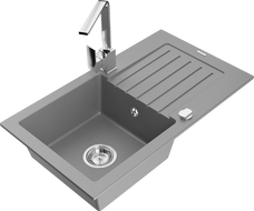 Mexen Pablo 1-compartment granite sink with a drip tray and kitchen mixer tap Rita, Grey - 6510-71-670300-00