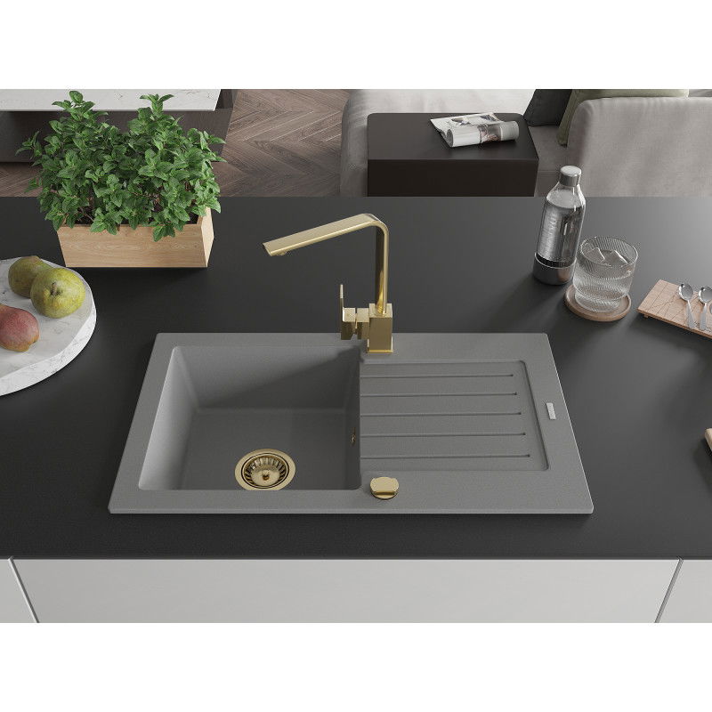 Mexen Pablo single-bowl granite sink with drainer and Rita kitchen tap, grey - 6510-71-670300-50