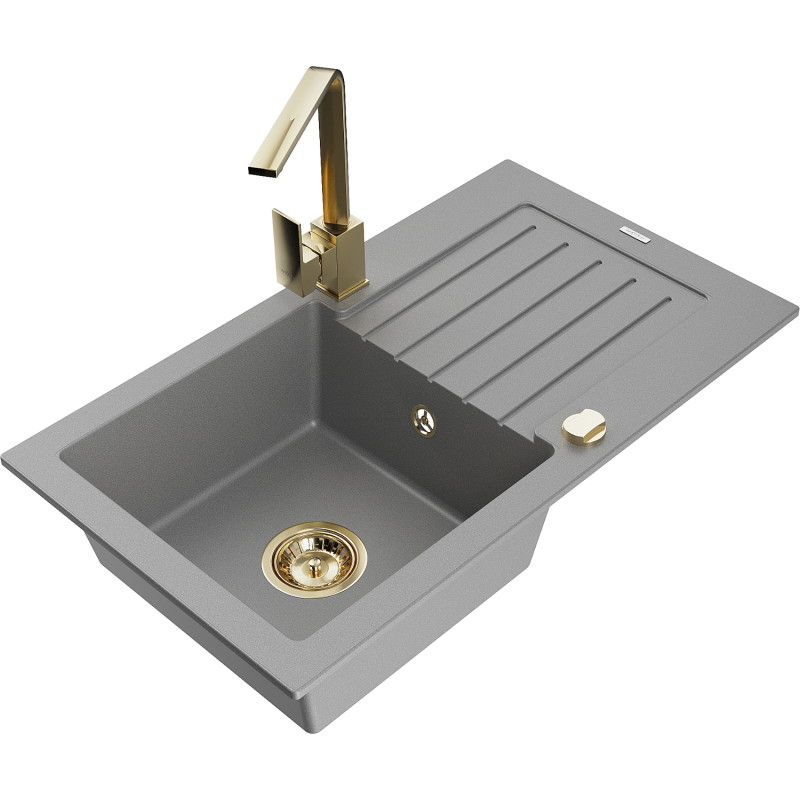 Mexen Pablo granite sink 1-bowl with drainer and kitchen faucet Rita, gray - 6510-71-670300-50