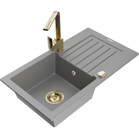 Mexen Pablo 1-compartment granite sink with a drip tray and kitchen mixer tap Rita, Grey - 6510-71-670300-50