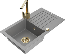 Mexen Pablo granite sink 1-bowl with drainer and kitchen faucet Rita, gray - 6510-71-670300-50