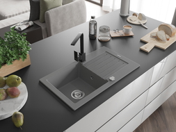 Mexen Pablo granite kitchen sink 1-bowl with drainer and kitchen faucet Rita, gray - 6510-71-670300-70