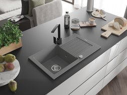 Mexen Pablo granite kitchen sink 1-bowl with drainer and Rita kitchen tap, grey - 6510-71-670300-70