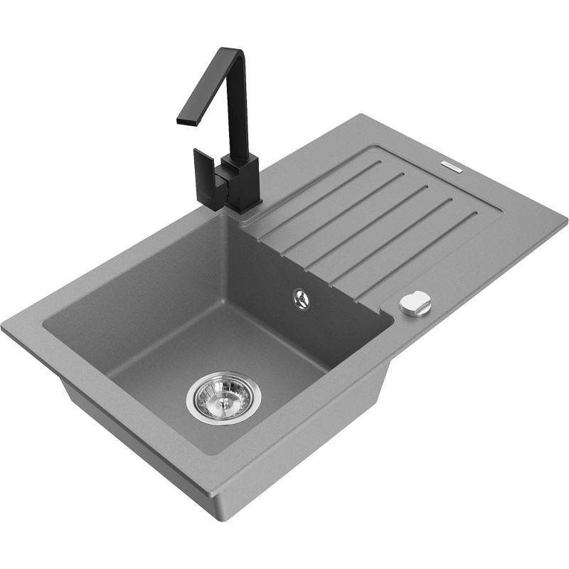 Mexen Pablo 1-bowl granite sink with drainer and Rita kitchen faucet, gray - 6510-71-670300-70