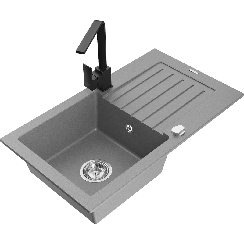 Mexen Pablo 1-compartment granite sink with a drip tray and kitchen mixer tap Rita, Grey - 6510-71-670300-70