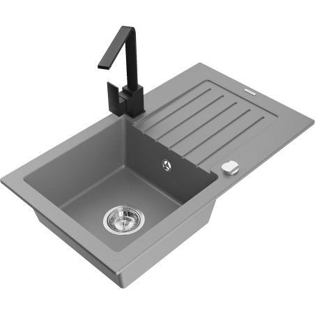 Mexen Pablo 1-bowl granite sink with drainer and Rita kitchen faucet, gray - 6510-71-670300-70