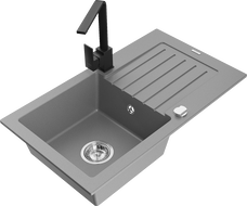 Mexen Pablo granite kitchen sink 1-bowl with drainer and Rita kitchen tap, grey - 6510-71-670300-70