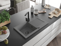 Mexen Pablo 1-bowl granite sink with drainer and Rita kitchen faucet, gray - 6510-71-670300-70-B