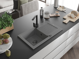 Mexen Pablo 1-compartment granite sink with a drip tray and kitchen mixer tap Rita, Grey - 6510-71-670300-70-B