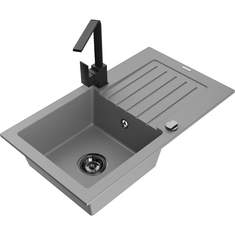 Mexen Pablo 1-bowl granite sink with drainer and Rita kitchen faucet, gray - 6510-71-670300-70-B