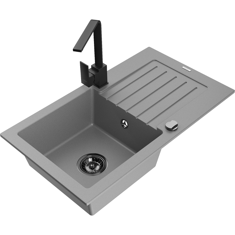 Mexen Pablo granite kitchen sink 1-bowl with drainer and Rita kitchen tap, grey - 6510-71-670300-70-B