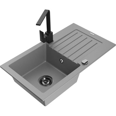 Mexen Pablo 1-bowl granite sink with drainer and Rita kitchen faucet, gray - 6510-71-670300-70-B