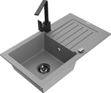Mexen Pablo 1-bowl granite sink with drainer and Rita kitchen faucet, gray - 6510-71-670300-70-B