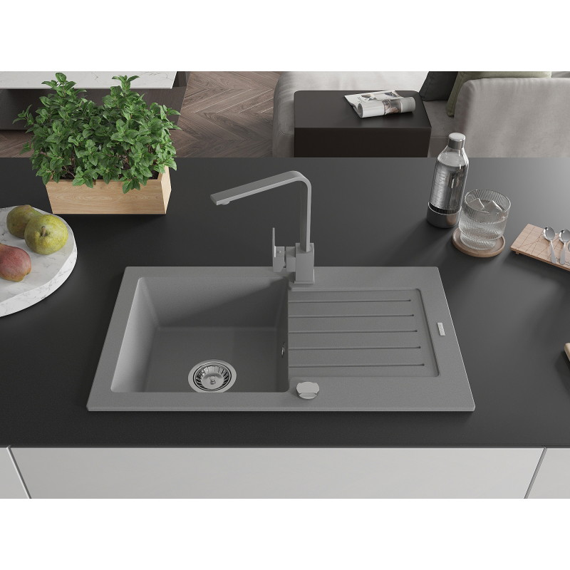 Mexen Pablo granite single-bowl sink with drainer and Rita kitchen faucet, gray - 6510-71-670300-71