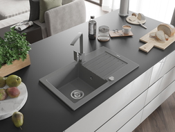 Mexen Pablo 1-bowl granite sink with drainer and Rita kitchen tap, grey - 6510-71-670300-71