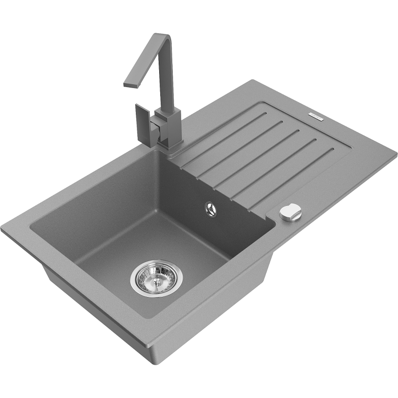 Mexen Pablo 1-compartment granite sink with a drip tray and kitchen mixer tap Rita, Grey - 6510-71-670300-71