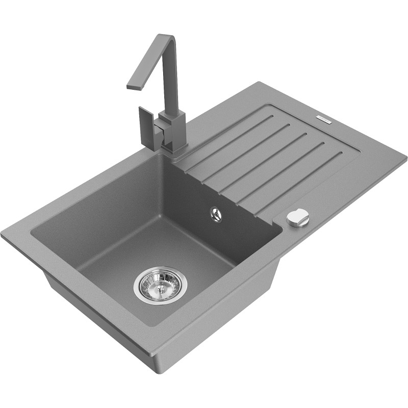 Mexen Pablo granite single-bowl sink with drainer and Rita kitchen faucet, gray - 6510-71-670300-71