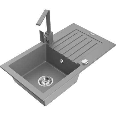 Mexen Pablo granite single-bowl sink with drainer and Rita kitchen faucet, gray - 6510-71-670300-71