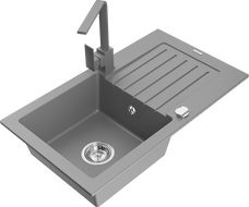 Mexen Pablo granite kitchen sink 1-bowl with drainer and Rita kitchen faucet, gray - 6510-71-670300-71
