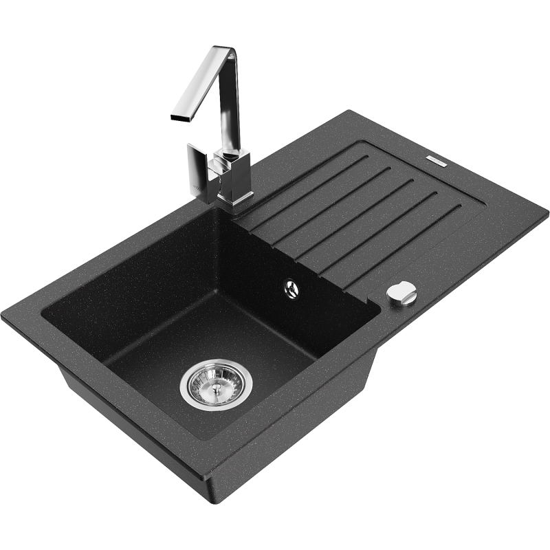 Mexen Pablo granite sink 1-bowl with drainer and Rita kitchen tap, black/silver metallic- 6510-73-670300-00