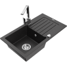 Mexen Pablo granite kitchen sink single-bowl with drainer and Rita kitchen faucet, black/silver metallic - 6510-73-670300-00