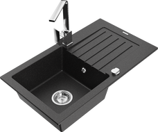 Mexen Pablo granite kitchen sink single-bowl with drainer and Rita kitchen faucet, black/silver metallic - 6510-73-670300-00