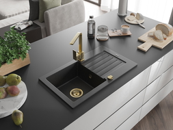 Mexen Pablo granite kitchen sink 1-bowl with drainer and Rita kitchen tap, black/silver metallic- 6510-73-670300-50