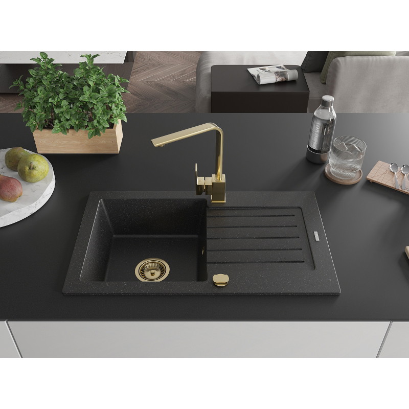 Mexen Pablo granite kitchen sink 1-compartment with drainer and kitchen faucet Rita, black/silver metallic - 6510-73-670300-50
