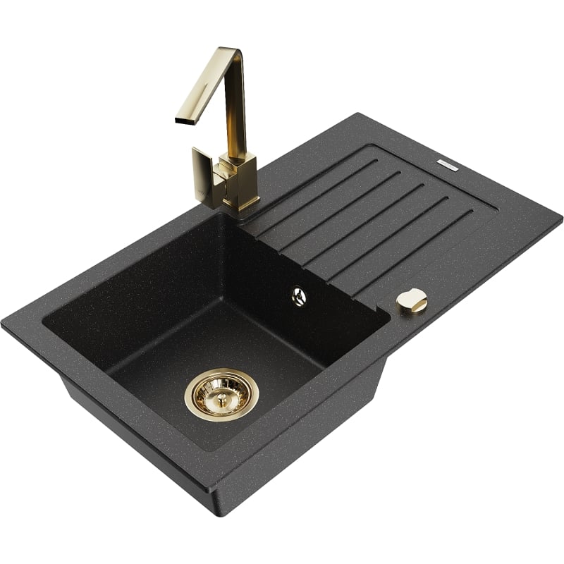 Mexen Pablo granite sink 1-bowl with drainer and kitchen faucet Rita, black/silver metallic - 6510-73-670300-50