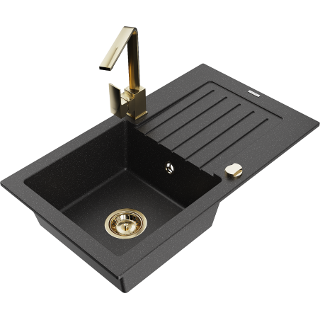 Mexen Pablo granite kitchen sink 1-bowl with drainer and Rita kitchen tap, black/silver metallic- 6510-73-670300-50