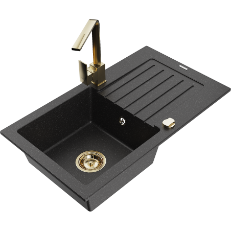 Mexen Pablo granite sink 1-bowl with drainer and kitchen faucet Rita, black/silver metallic - 6510-73-670300-50