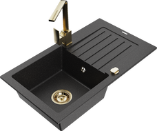 Mexen Pablo granite kitchen sink 1-bowl with drainer and Rita kitchen tap, black/silver metallic- 6510-73-670300-50