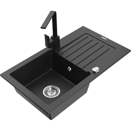 Mexen Pablo 1-compartment granite sink with a drip tray and kitchen mixer tap Rita, Black/Silver metallic- 6510-73-670300-70