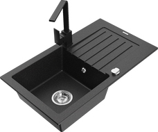 Mexen Pablo granite kitchen sink 1-bowl with drainer and kitchen faucet Rita, black/silver metallic - 6510-73-670300-70
